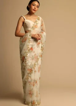 Pearl White Saree In Organza With Floral Print All Over And Moti Embroidered Border Along With Unstitched Blouse