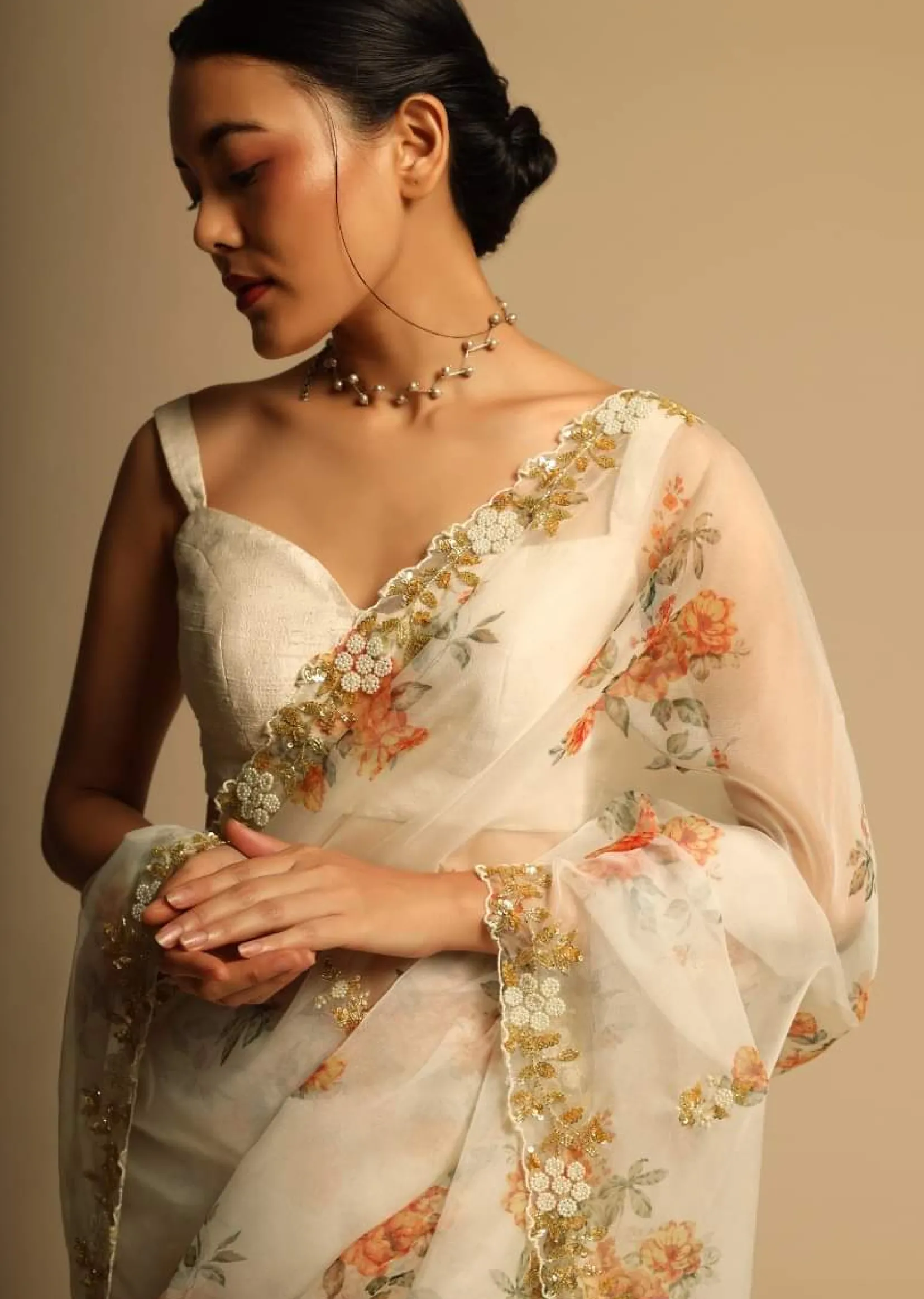 Pearl White Saree In Organza With Floral Print All Over And Moti Embroidered Border Along With Unstitched Blouse