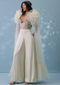 Pearl White Satin Indowestern Embroidered Jumpsuit With Net Shrug
