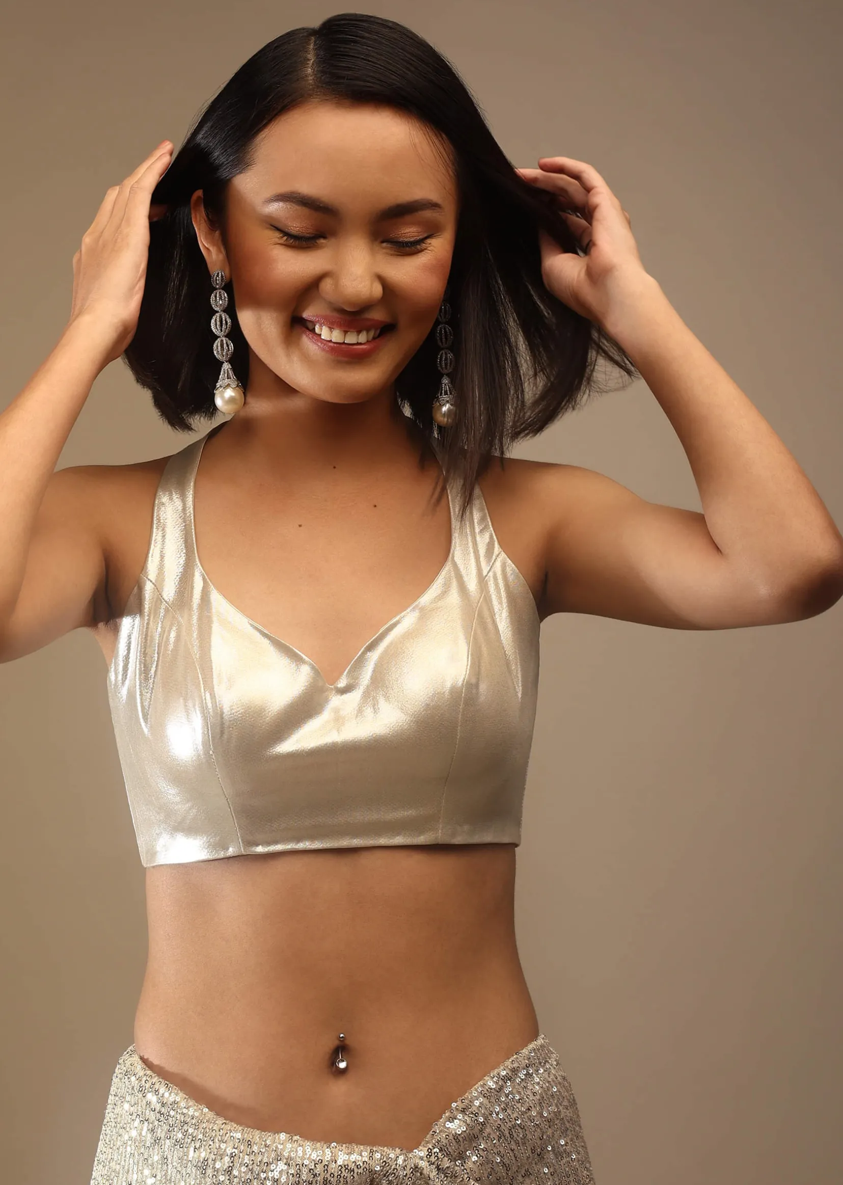 Pearl White Satin Sleeveless Blouse With A Sweetheart Neckline Top, Middle, And Bottom Hooks Closure