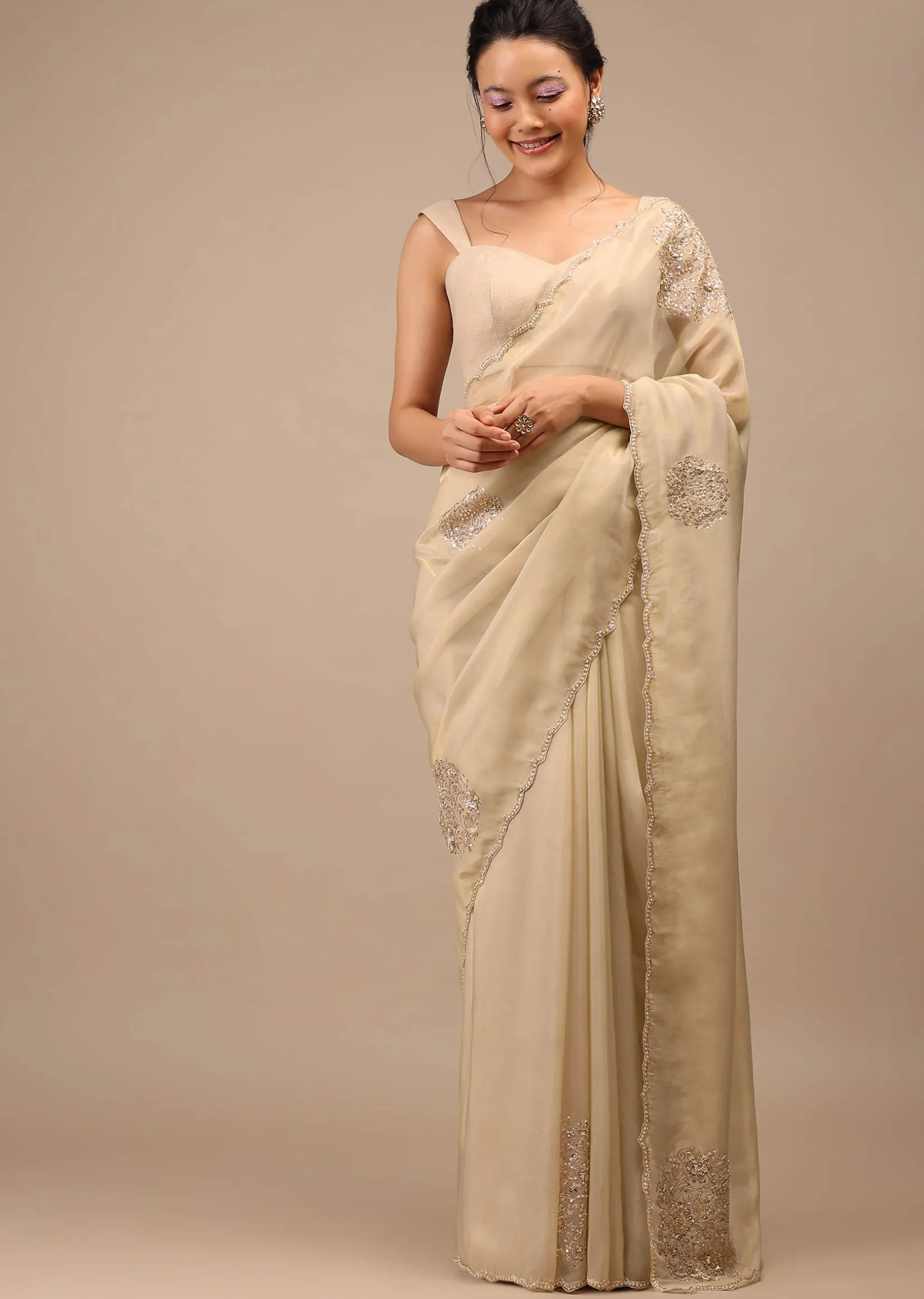 Pebble Brown Glass Tissue Saree Adorned With Floral Buttis, Zardosi Embroidery And 3D Sequins