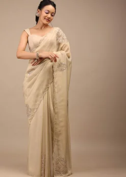 Pebble Brown Glass Tissue Saree Adorned With Floral Buttis, Zardosi Embroidery And 3D Sequins
