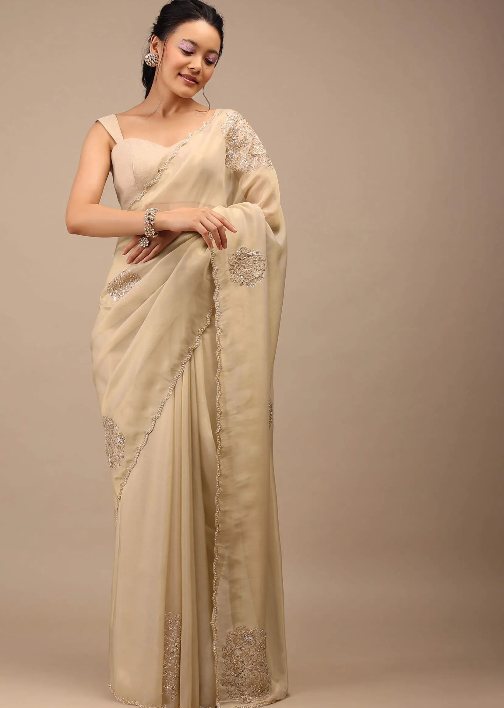 Pebble Brown Glass Tissue Saree Adorned With Floral Buttis, Zardosi Embroidery And 3D Sequins