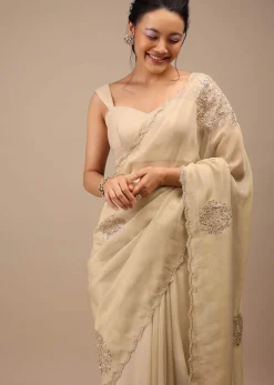 Pebble Brown Glass Tissue Saree Adorned With Floral Buttis, Zardosi Embroidery And 3D Sequins