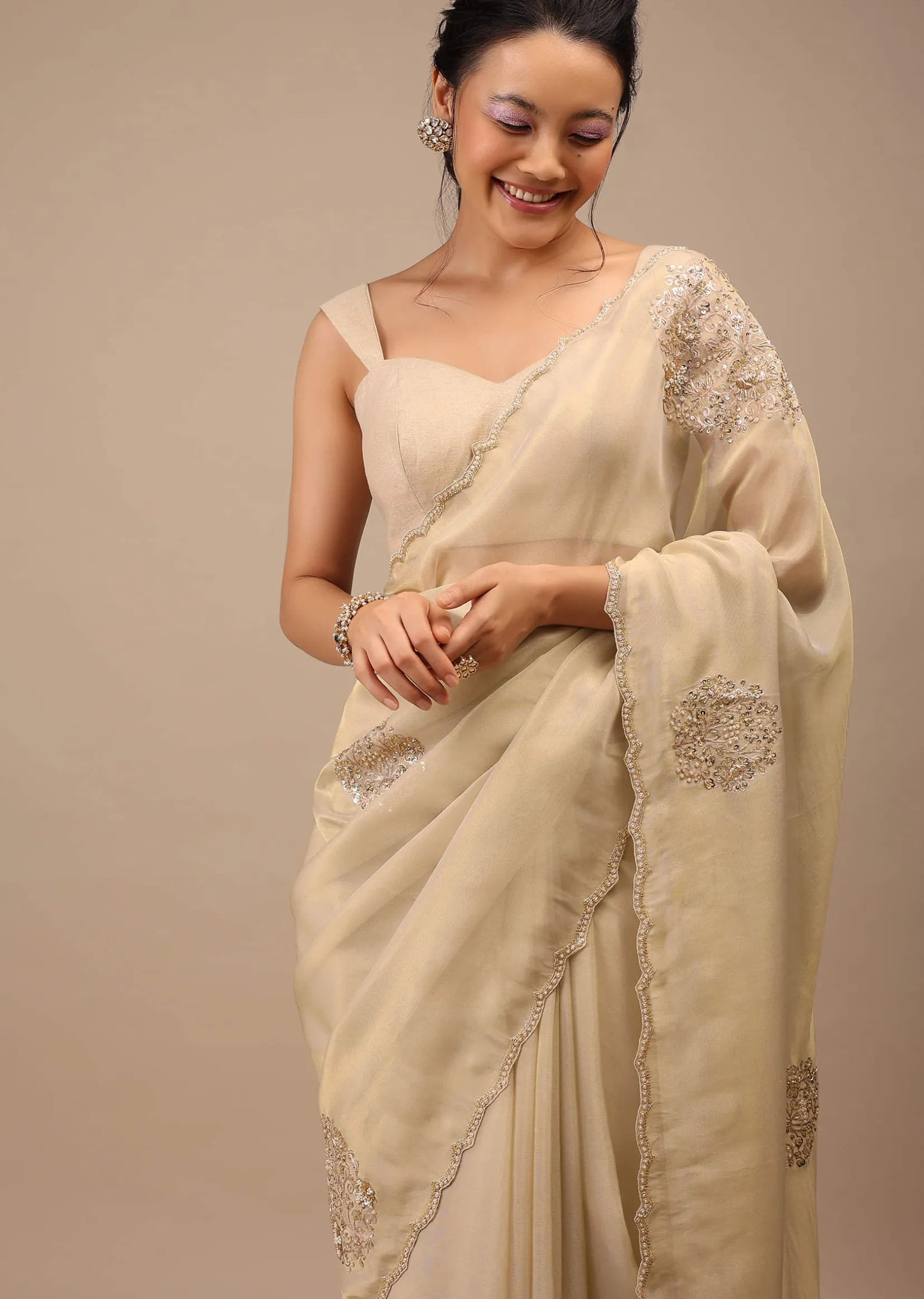Pebble Brown Glass Tissue Saree Adorned With Floral Buttis, Zardosi Embroidery And 3D Sequins