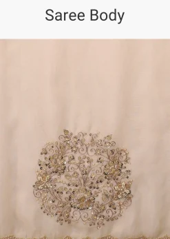 Pebble Brown Glass Tissue Saree Adorned With Floral Buttis, Zardosi Embroidery And 3D Sequins