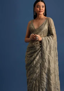 Pencil Grey Cutdana Embroidered Crepe Saree With Unstitched Blouse