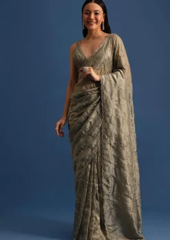 Pencil Grey Cutdana Embroidered Crepe Saree With Unstitched Blouse