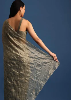 Pencil Grey Cutdana Embroidered Crepe Saree With Unstitched Blouse