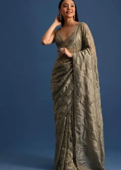 Pencil Grey Cutdana Embroidered Crepe Saree With Unstitched Blouse