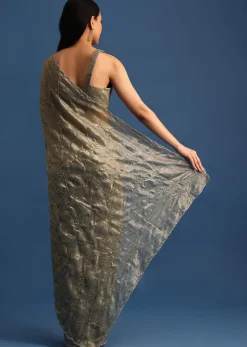 Pencil Grey Cutdana Embroidered Crepe Saree With Unstitched Blouse
