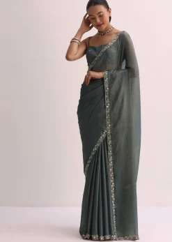 Pencil Grey Saree With Embroidered Border And Unstitched Blouse