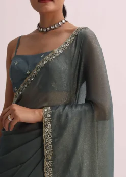 Pencil Grey Saree With Embroidered Border And Unstitched Blouse