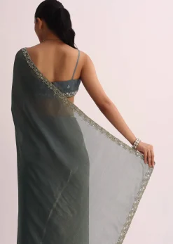Pencil Grey Saree With Embroidered Border And Unstitched Blouse