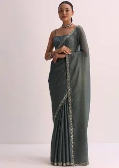 Pencil Grey Saree With Embroidered Border And Unstitched Blouse