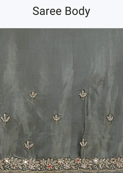 Pencil Grey Saree With Embroidered Border And Unstitched Blouse