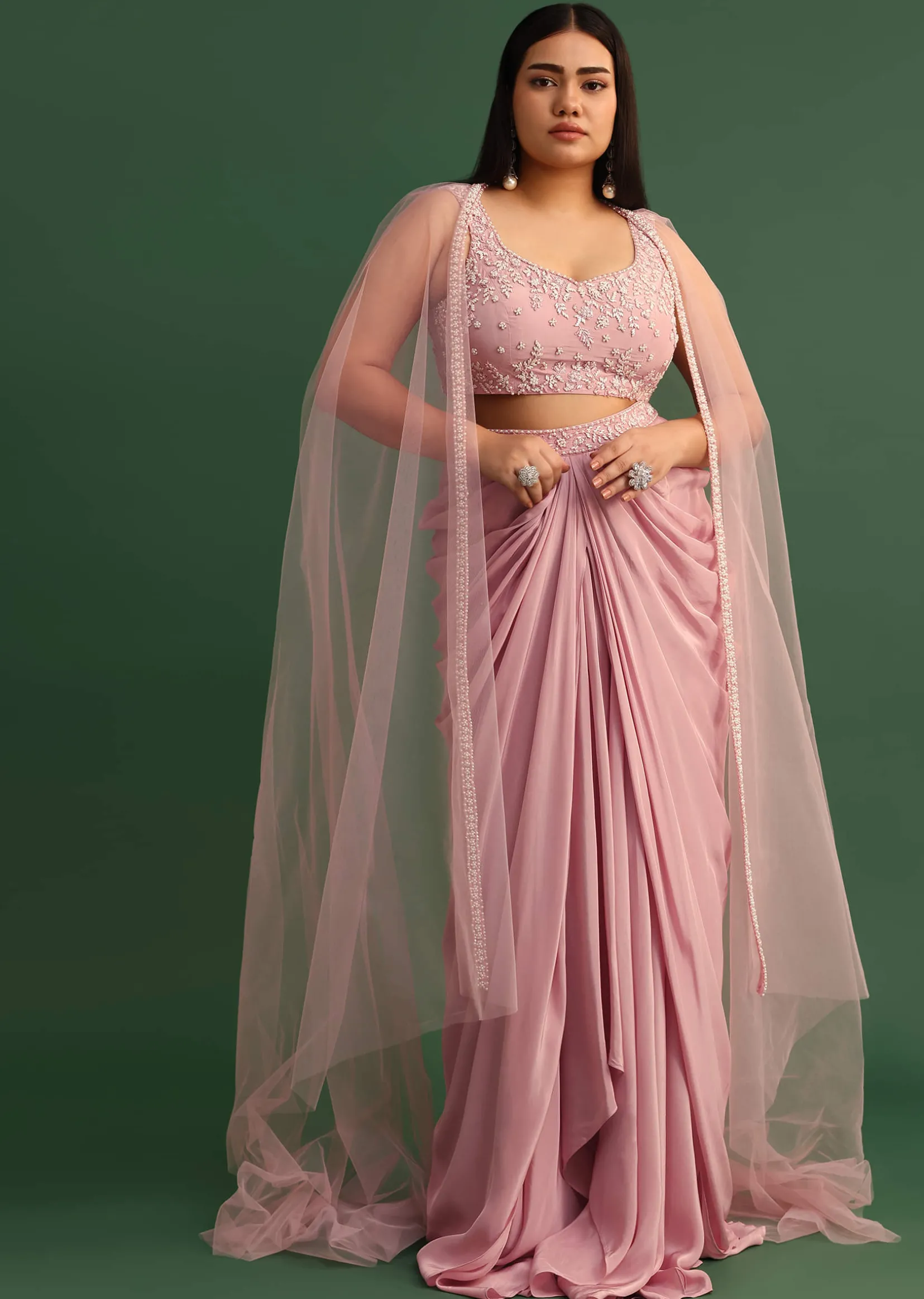 Peony Pink Draped Skirt With Sweatheart Neck Blouse With High Low Cape