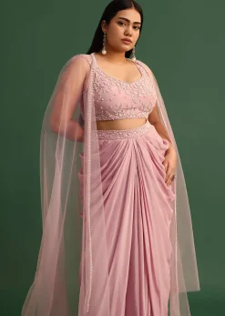 Peony Pink Draped Skirt With Sweatheart Neck Blouse With High Low Cape
