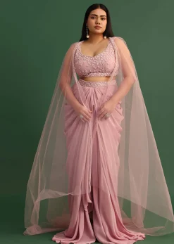 Peony Pink Draped Skirt With Sweatheart Neck Blouse With High Low Cape