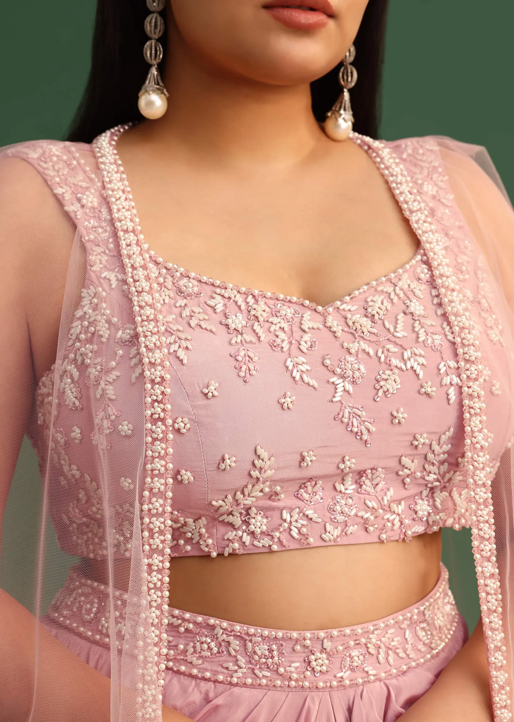 Peony Pink Draped Skirt With Sweatheart Neck Blouse With High Low Cape