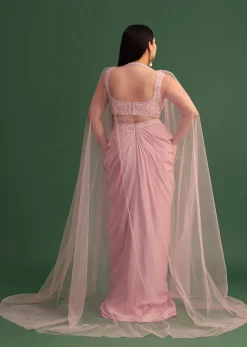 Peony Pink Draped Skirt With Sweatheart Neck Blouse With High Low Cape