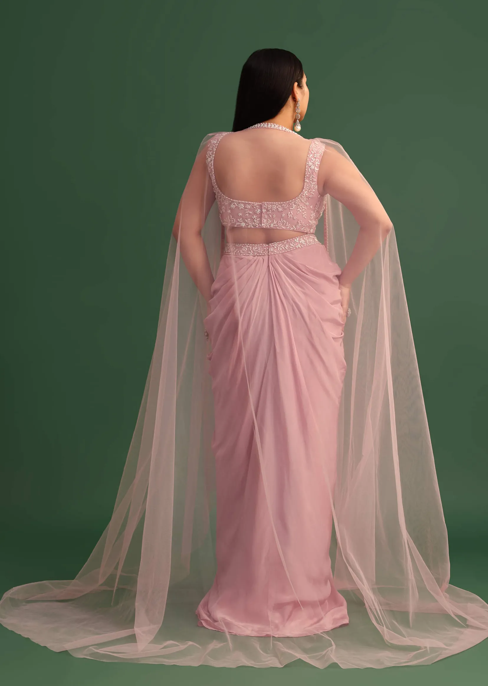 Peony Pink Draped Skirt With Sweatheart Neck Blouse With High Low Cape