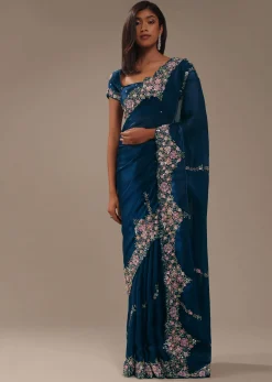 Persian Blue 3D Embroidered Saree In Tissue Silk