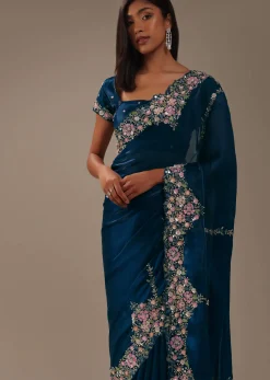Persian Blue 3D Embroidered Saree In Tissue Silk
