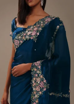 Persian Blue 3D Embroidered Saree In Tissue Silk