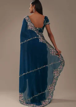 Persian Blue 3D Embroidered Saree In Tissue Silk