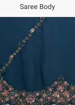 Persian Blue 3D Embroidered Saree In Tissue Silk