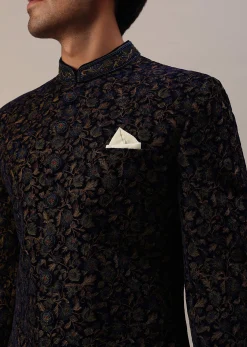 Persian Blue Floral Embroidered Sherwani Set In Velvet