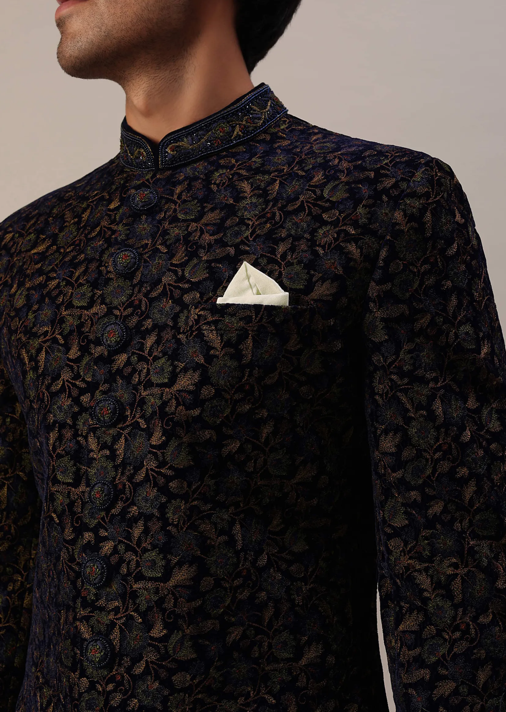 Persian Blue Floral Embroidered Sherwani Set In Velvet
