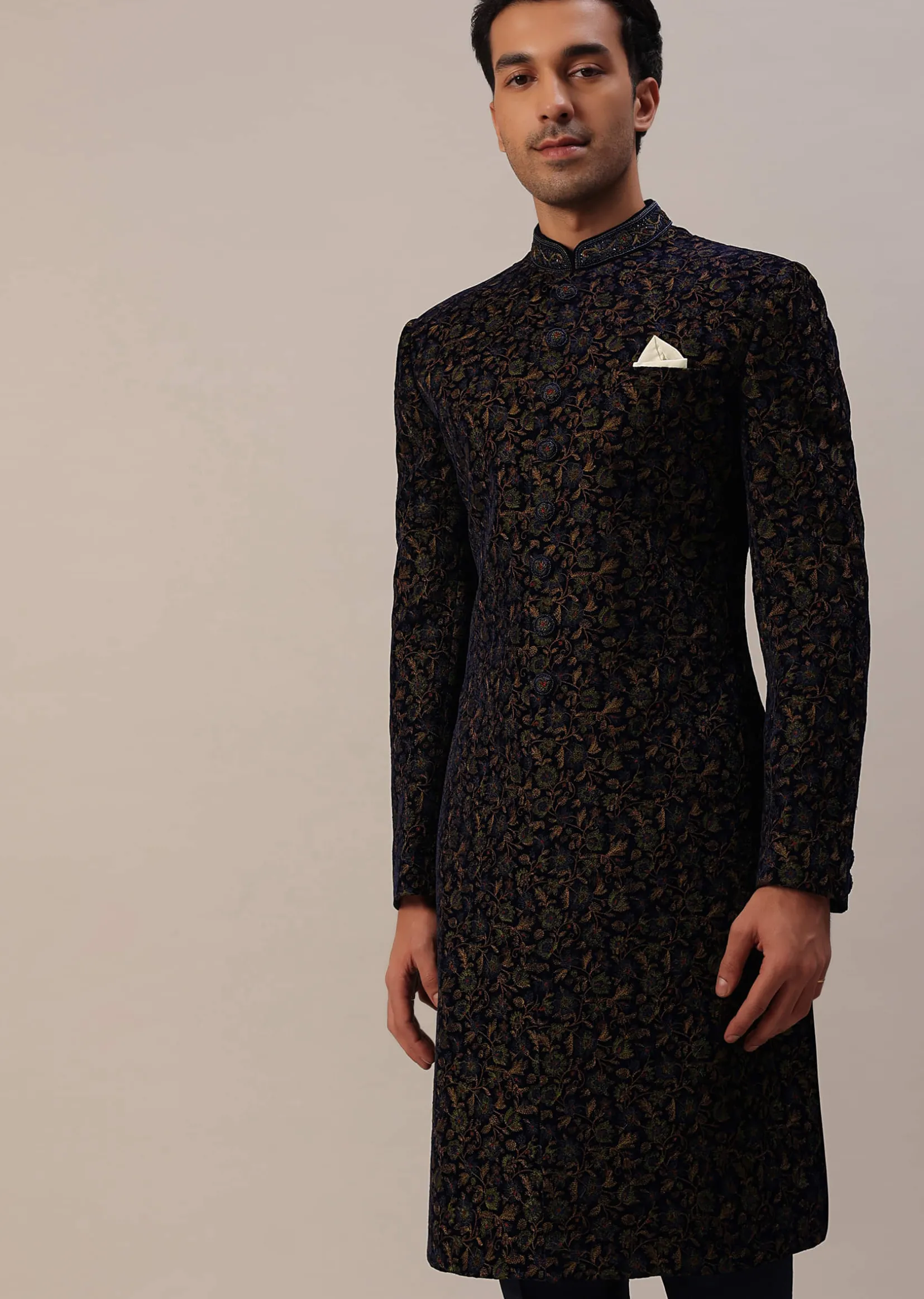 Persian Blue Floral Embroidered Sherwani Set In Velvet