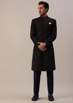 Persian Blue Floral Embroidered Sherwani Set In Velvet