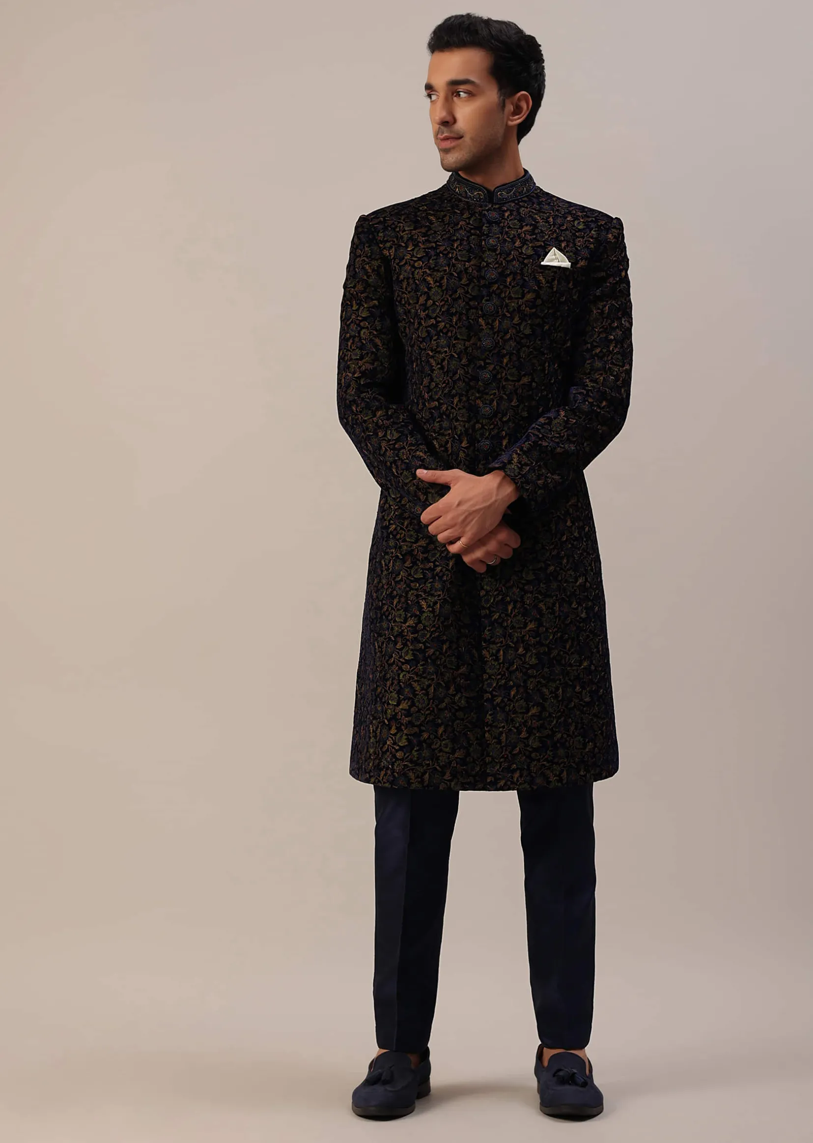 Persian Blue Floral Embroidered Sherwani Set In Velvet