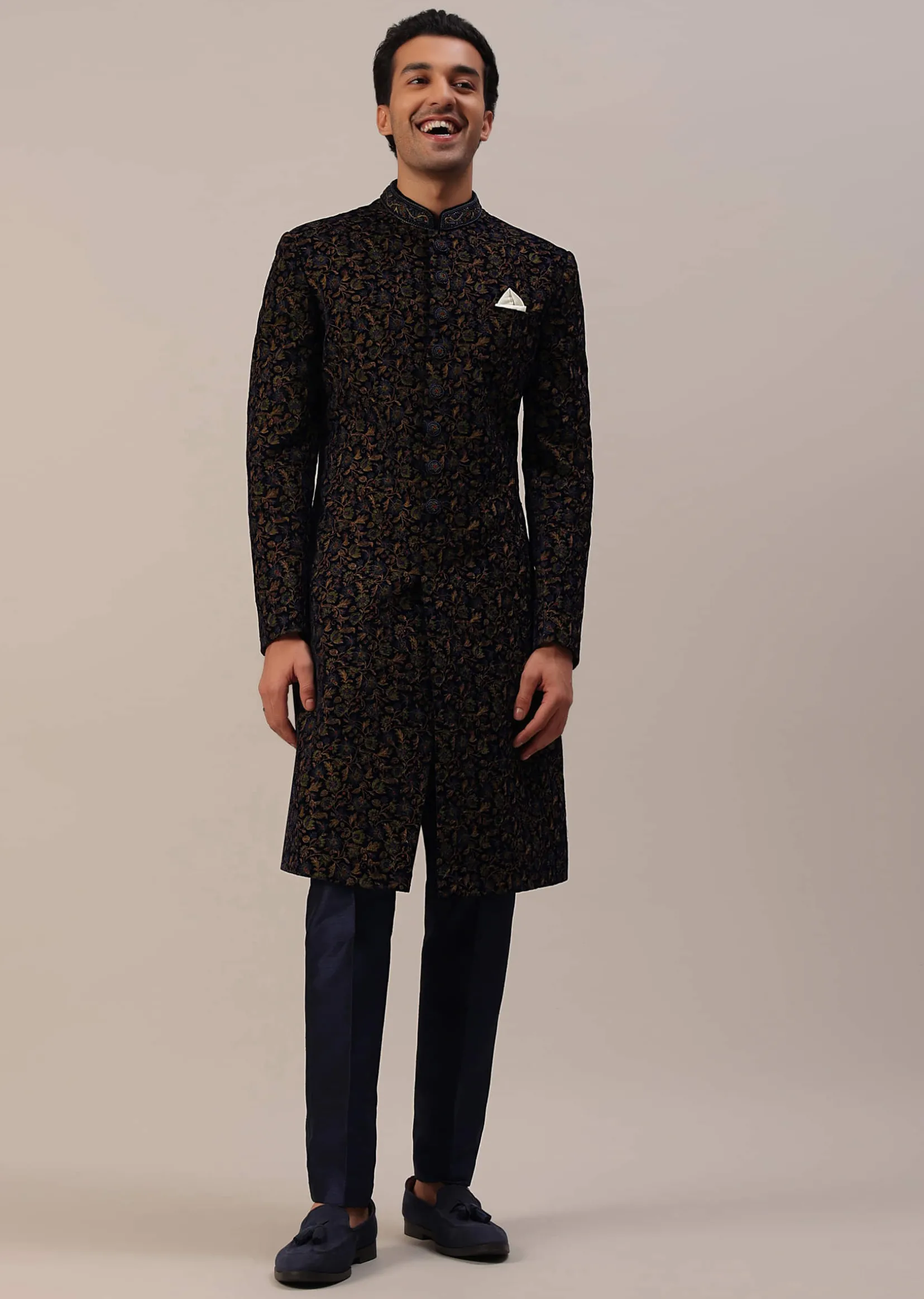 Persian Blue Floral Embroidered Sherwani Set In Velvet