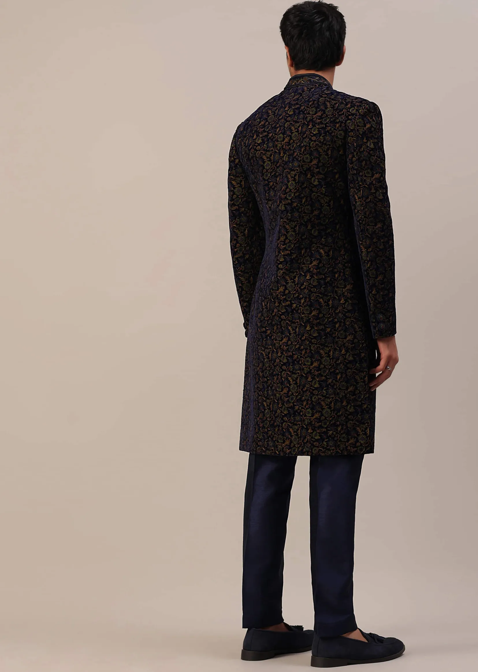 Persian Blue Floral Embroidered Sherwani Set In Velvet