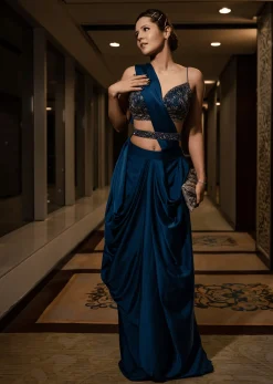 Persian Blue Pre-Pleated Satin Saree With Embroidered Blouse And Belt