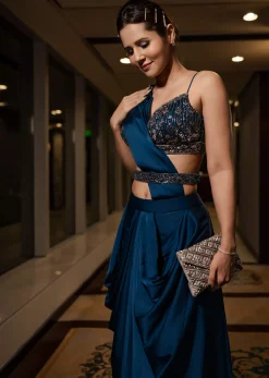 Persian Blue Pre-Pleated Satin Saree With Embroidered Blouse And Belt