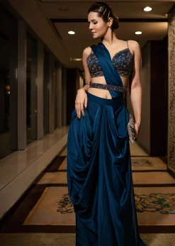 Persian Blue Pre-Pleated Satin Saree With Embroidered Blouse And Belt