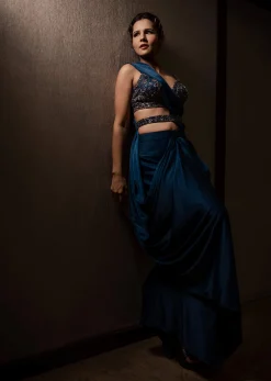 Persian Blue Pre-Pleated Satin Saree With Embroidered Blouse And Belt
