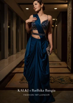 Persian Blue Pre-Pleated Satin Saree With Embroidered Blouse And Belt