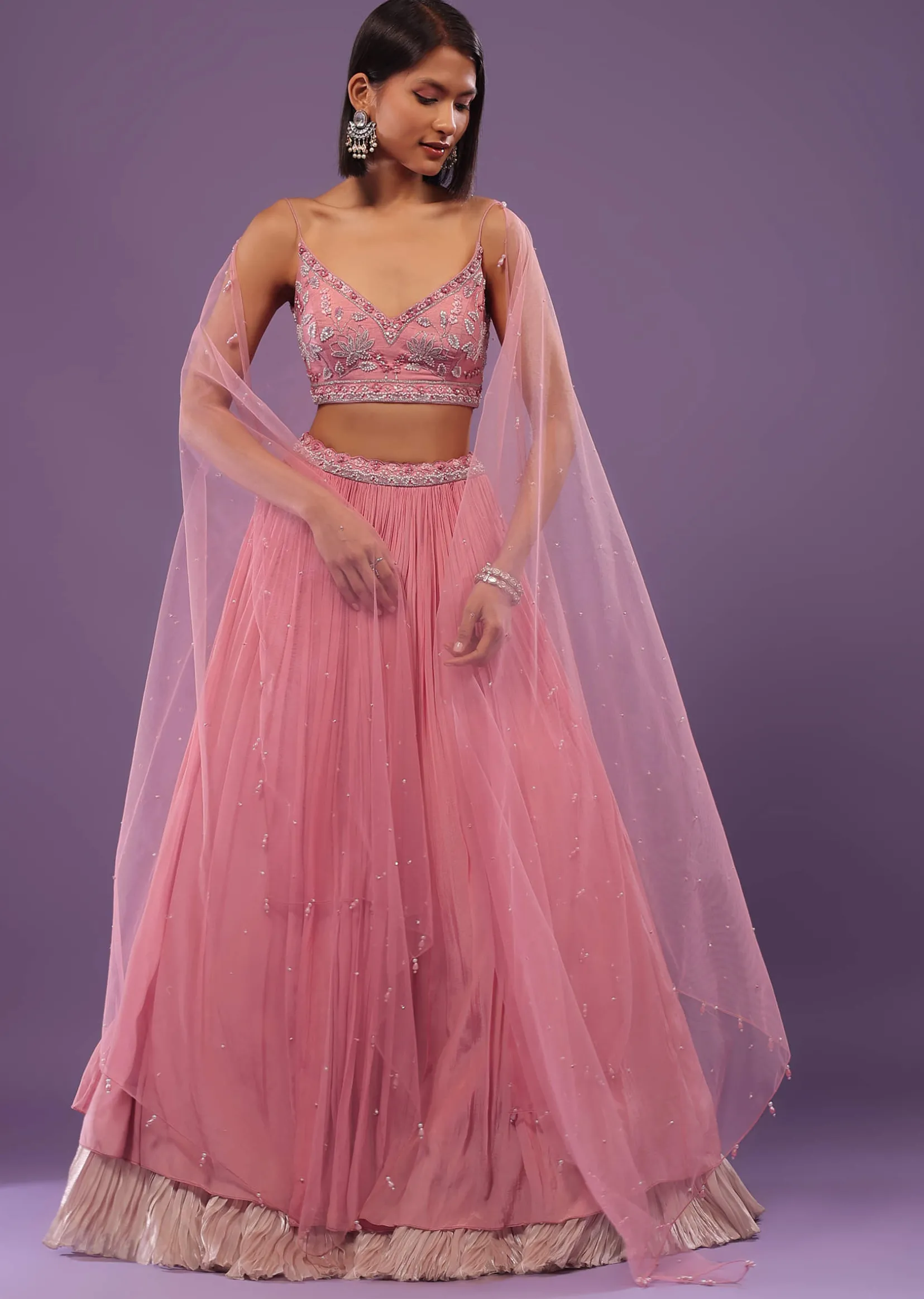 Petal Pink Embroidered Bridesmaid Lehenga Set In Crepe