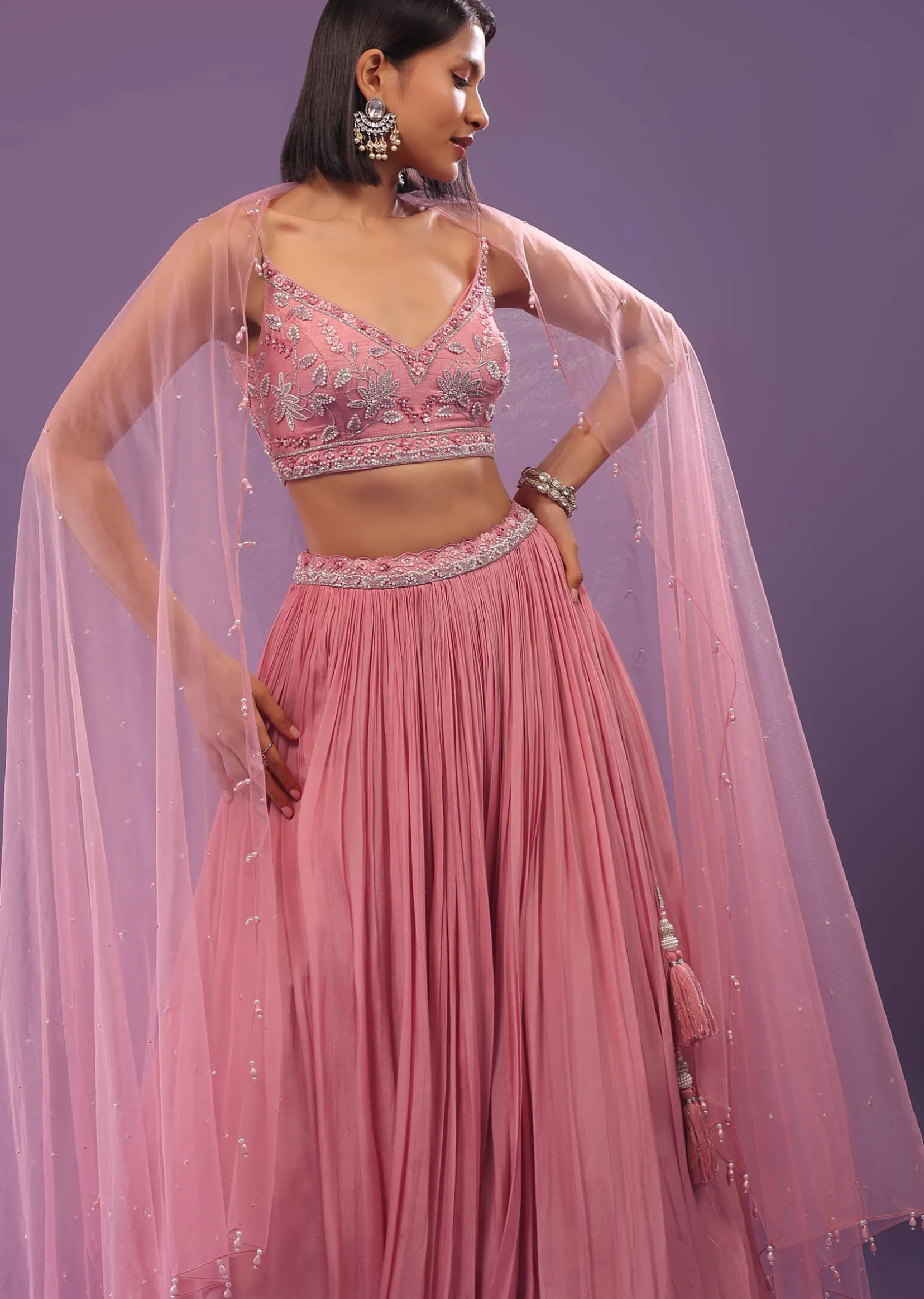 Petal Pink Embroidered Bridesmaid Lehenga Set In Crepe