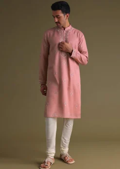 Petal Pink Kurta Set In Silk With Mirror Embroidery
