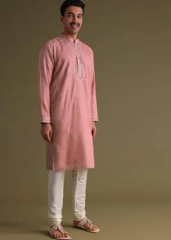 Petal Pink Kurta Set In Silk With Mirror Embroidery