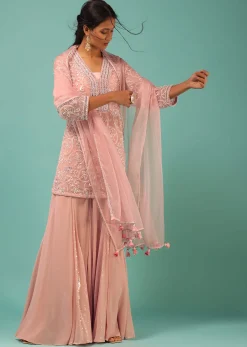 Petal Pink Sharara Suit With Cut Dana And Moti Detailed Jaal Design