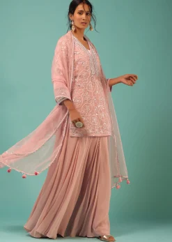 Petal Pink Sharara Suit With Cut Dana And Moti Detailed Jaal Design