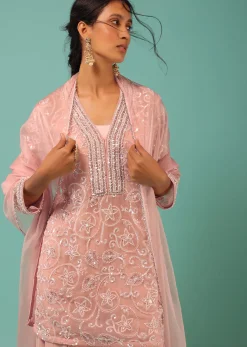 Petal Pink Sharara Suit With Cut Dana And Moti Detailed Jaal Design